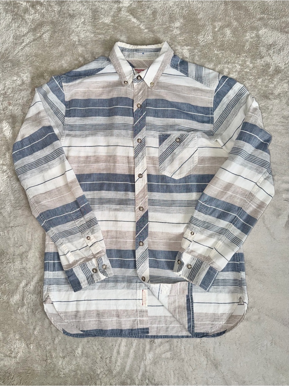FLINT & TINDER Men’s Cotton Shirt Brown/Gray Striped Shirt Medium Made in USA